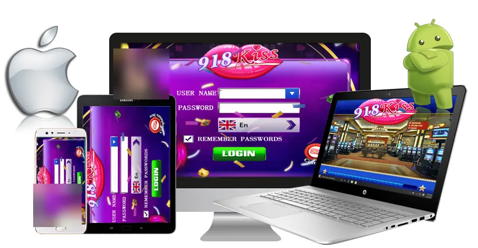 918Kiss login screen with user name and password fields and a green LOGIN button, shown on a phone, tablet, monitor and laptop