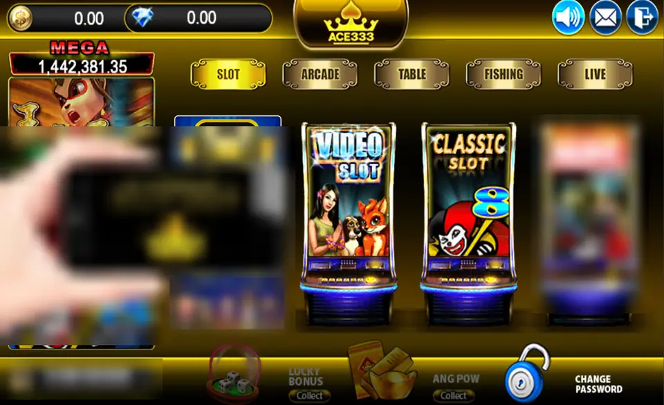 ACE333 lobby after login with Slot, Arcade, Table, Fishing and Live tabs, a MEGA counter and Lucky Bonus, Ang Pow and Change Password buttons