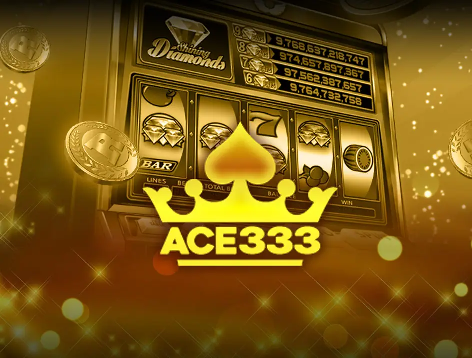 ACE333 logo, a gold crown over a spade above the word ACE333, in front of a gold slot machine