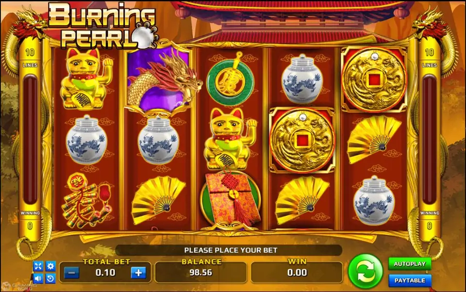 Burning Pearl slot with a lucky cat, gold ingots, porcelain jars, red envelopes and fans on five reels, a total bet of 0.10 and a green spin button