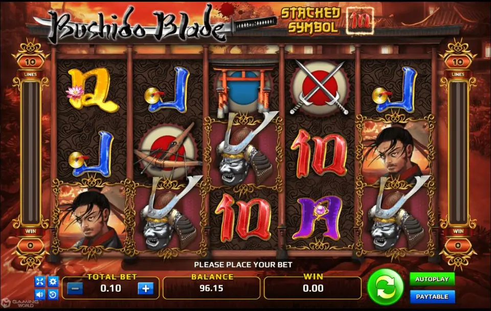 Bushido Blade slot with a samurai portrait, shuriken and crossed swords symbols, card letters, a STACHED SYMBOL badge and a total bet of 0.10