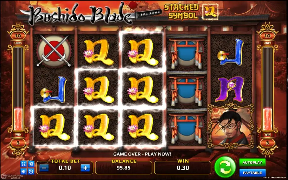 Bushido Blade win with nine highlighted gold Q symbols stacked across the first three reels, torii gates stacked on reel 4, a win of 0.30 and the message GAME OVER - PLAY NOW