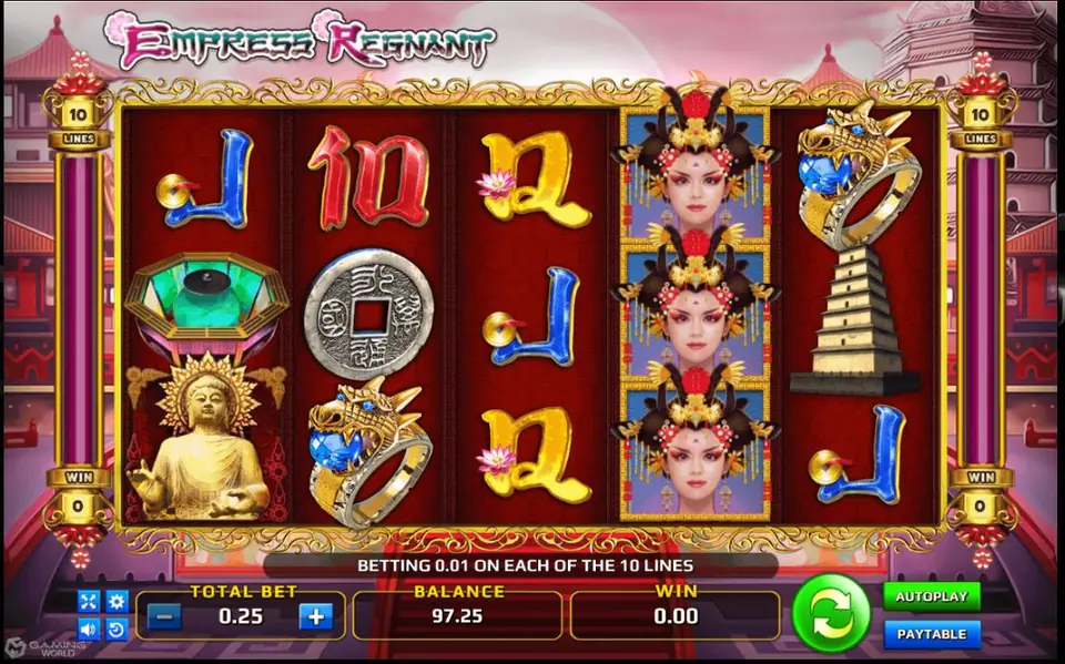 Empress Regnant slot with an empress portrait, a jade incense burner, an old Chinese coin, a gold Buddha statue, a dragon ring and a pagoda on five reels