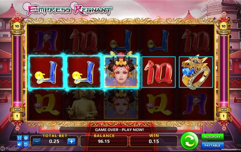 Empress Regnant win line of two J symbols and an empress wild on the middle row, with a win of 0.15