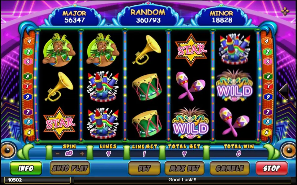 Mamamia slot with drums, trumpets, maracas, firework rockets, STAR and feather-mask WILD symbols, a performer in a green feather headdress and MAJOR, RANDOM and MINOR jackpot boxes