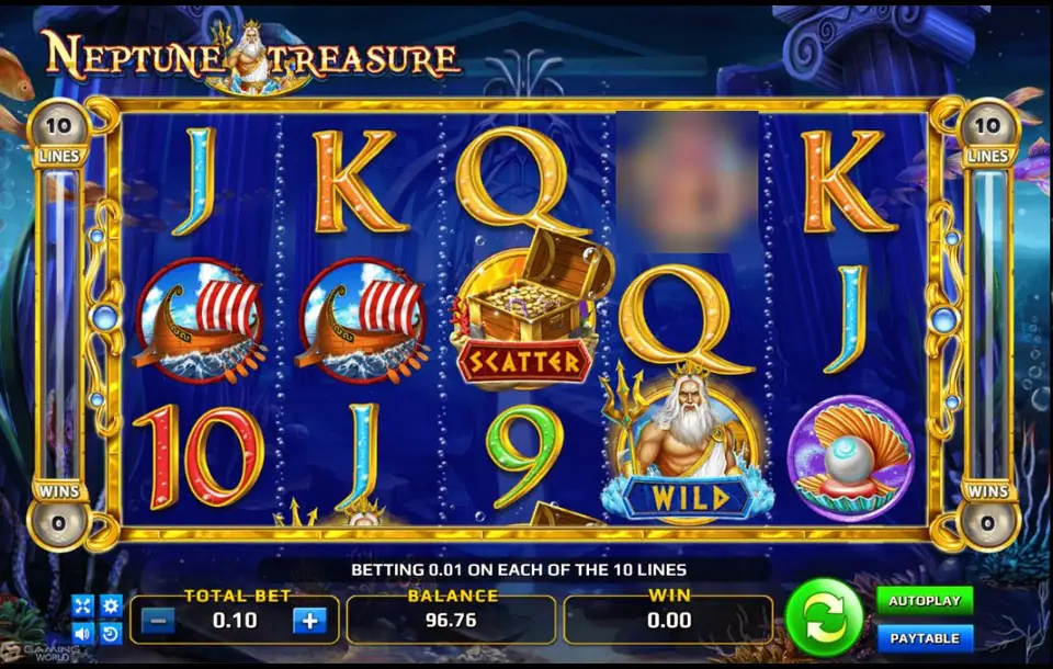 Neptune Treasure slot with longships, a treasure chest scatter, a Neptune WILD with trident, a pearl clam and gold card letters, and the message Betting 0.01 on each of the 10 lines