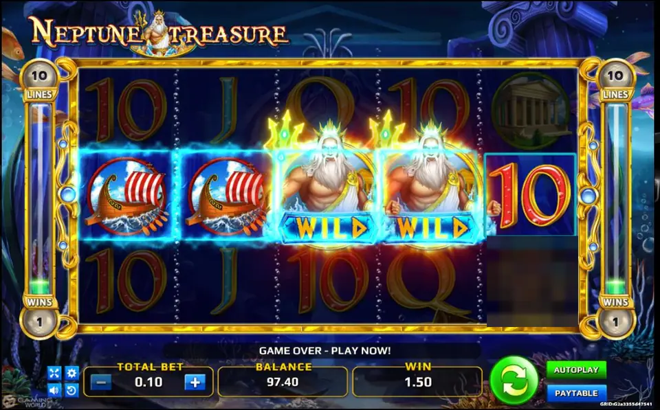 Neptune Treasure win with two longships and two Neptune wilds highlighted on the middle row, a WIN counter of 1, and a win of 1.50