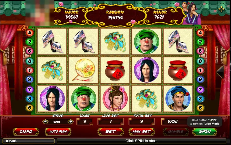 Pan Jin Lian slot on a Chinese stage with red curtains, portrait symbols, embroidered shoes, hairpins, a round fan and wine jars, and MAJOR, RANDOM and MINOR jackpot boxes