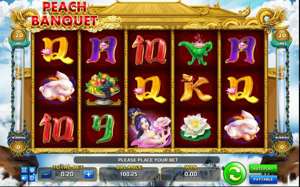 Peach Banquet slot above the clouds with a white rabbit, a fruit bowl, a lotus, a green jade vessel, a fairy holding a peony and card letters on red reels