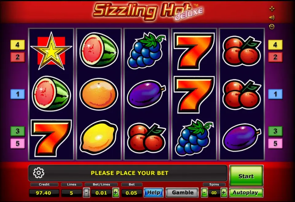 Sizzling Hot Deluxe fruit slot with a star, watermelon, grapes, orange, plum, cherries, lemon and red sevens on five reels, with Credit 97.40, Lines 5 and Bet 0.05