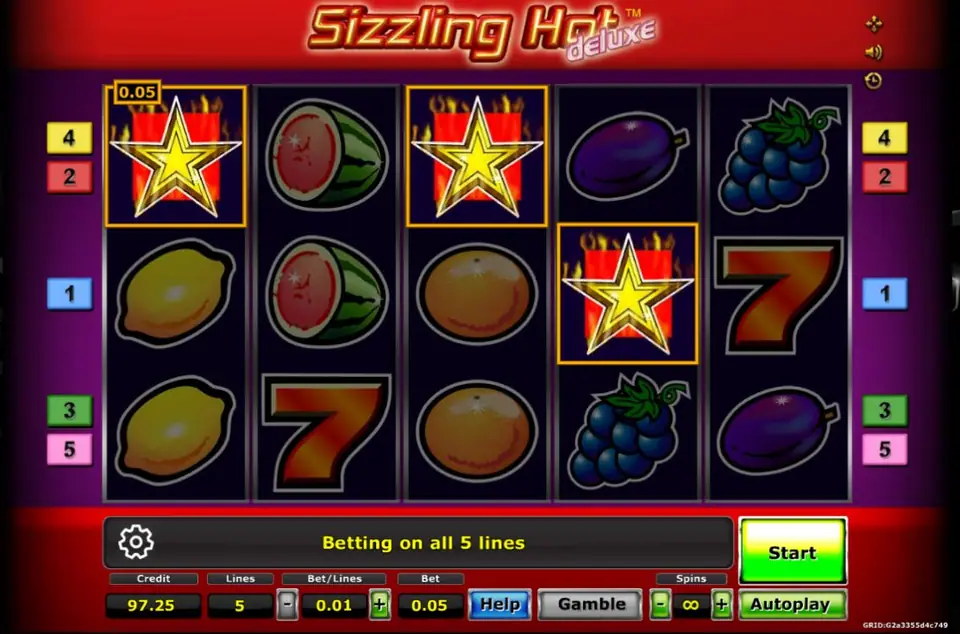 Sizzling Hot Deluxe with three gold star scatters on flaming tiles, a 0.05 win tag on the first star, and the message Betting on all 5 lines