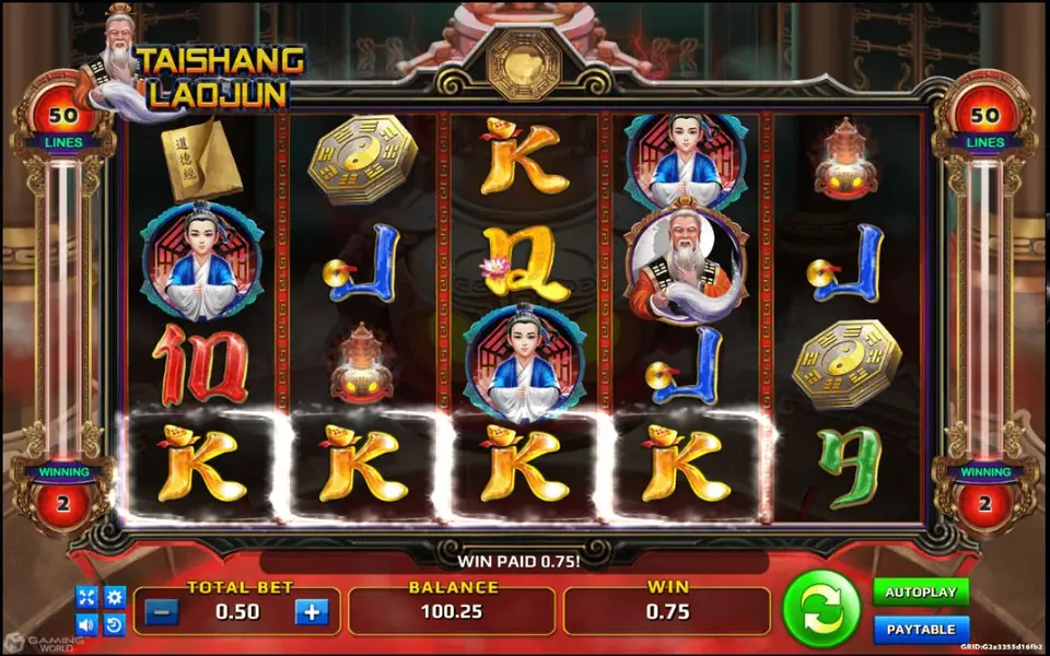 Tai Shang Lao Jun win with four K symbols highlighted along the bottom row, the boy attendant and the sage on the reels above, and the message WIN PAID 0.75