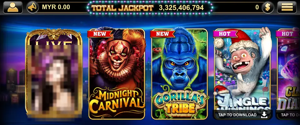 Live22 lobby with a MYR 0.00 balance, a TOTAL JACKPOT counter of 3,325,406,794 and tiles for Live Casino, Midnight Carnival, Gorilla's Tribe and Jingle Winnings