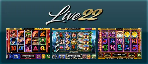 Live22 logo above three small slot screenshots with coloured card symbols and jackpot counters