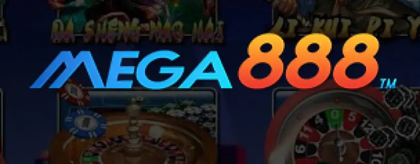 Mega888 logo in blue and orange lettering over a dimmed casino lobby background