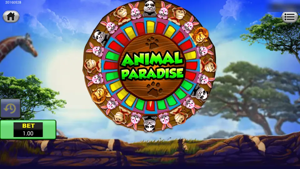 Animal Paradise wheel with a ring of lion, panda, monkey and rabbit portraits around the game logo and a Bet 1.00 box