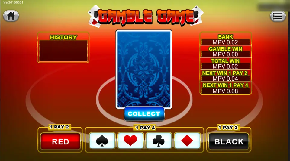 Gamble Game screen with a face-down card, RED and BLACK buttons marked 1 PAY 2, four suit buttons marked 1 PAY 4, and a Collect button