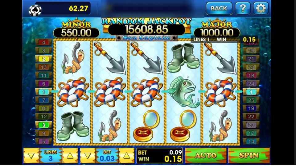 Sea Captain at 3 lines and 0.03 a line, with three lifebuoys across the middle row and a win of 0.15