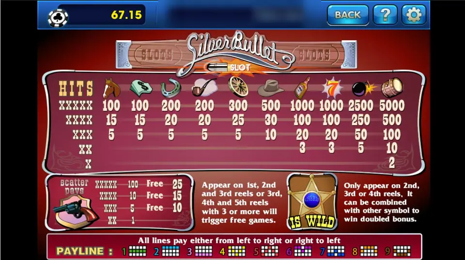 Silver Bullet paytable listing ten symbols from horse to barrel, the revolver scatter with free games, the sheriff star wild and nine line patterns