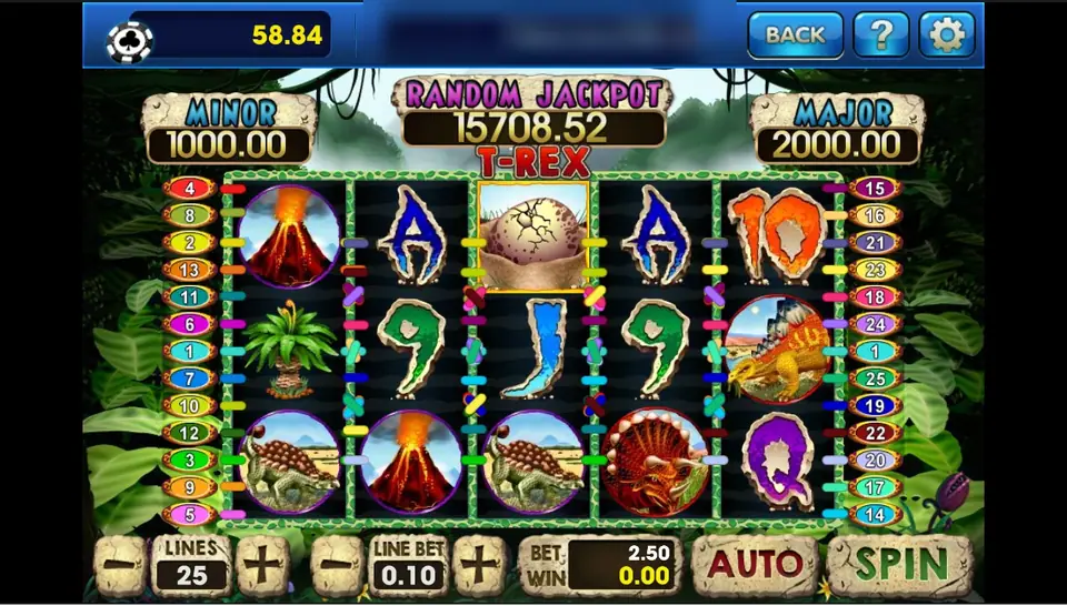 T-Rex slot with a volcano, a fern, an armoured dinosaur, a stegosaurus and an egg in a nest among stone-carved card letters, MINOR 1000.00, RANDOM JACKPOT 15708.52 and MAJOR 2000.00, 25 lines at 0.10