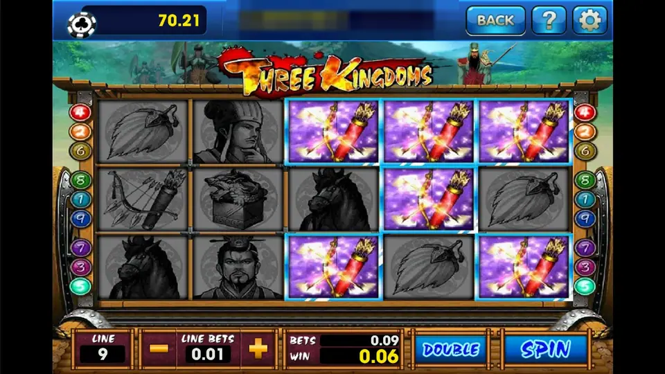 Three Kingdoms at 9 lines and 0.01 with six bow-and-quiver symbols highlighted on reels 3 to 5 and a 0.06 win, the rest of the reels greyed out