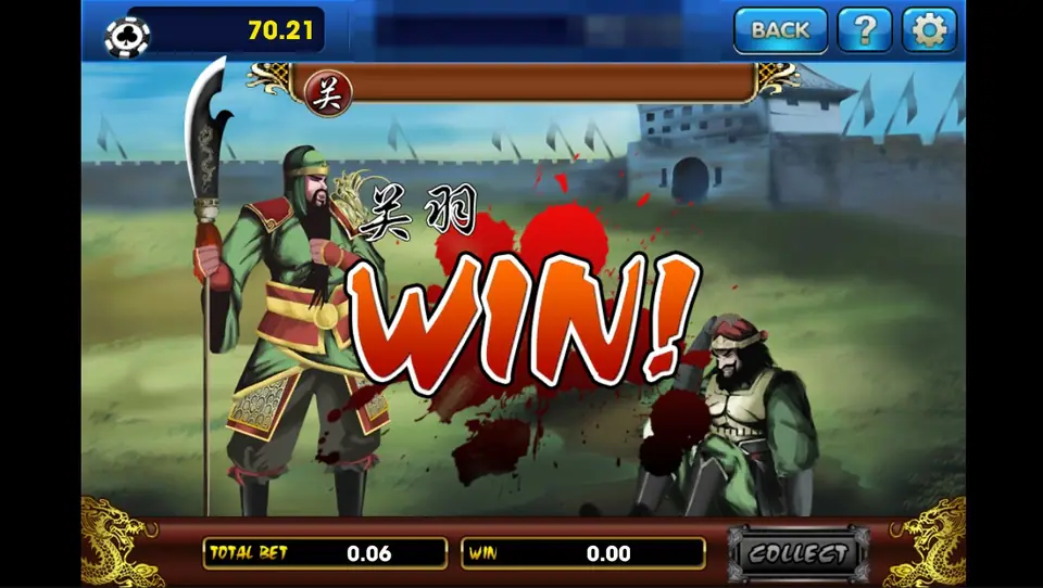 Guan Yu standing over his opponent with a large red WIN sign, total bet 0.06