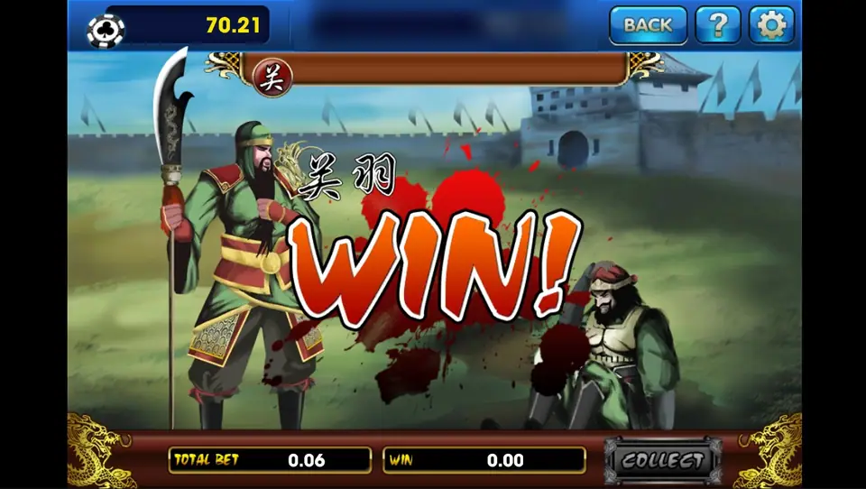 Guan Yu standing over his opponent with a large red WIN sign, total bet 0.06