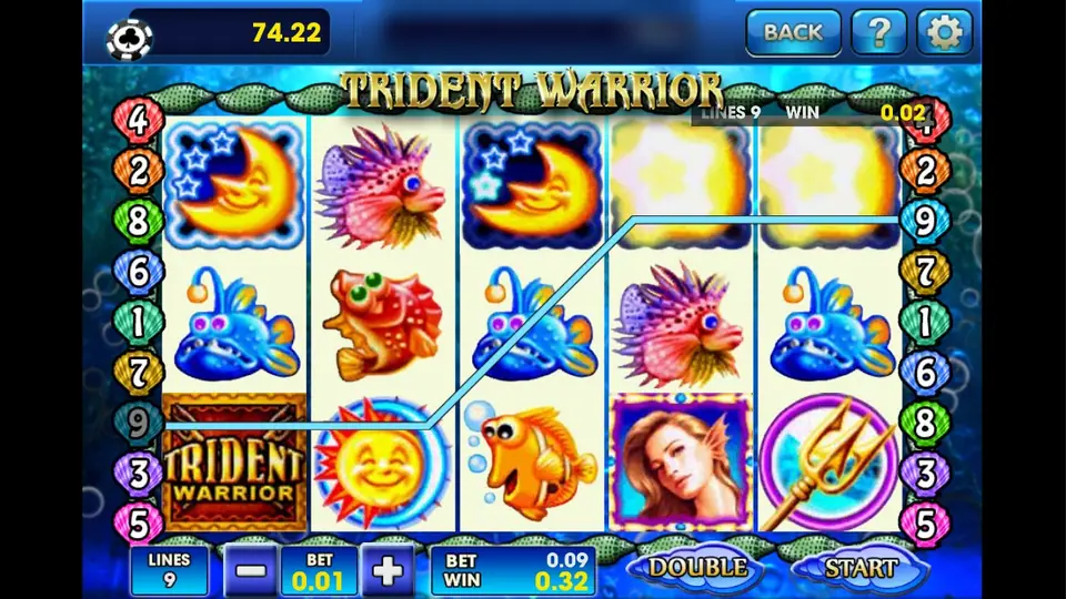 Trident Warrior at 9 lines and 0.01 a line with a 0.32 win on line 9, two glowing symbols on the top row and a DOUBLE button