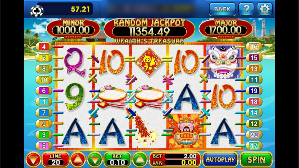 Wealth's Treasure reels with card letters, rice bowls, firecrackers, a Fu sign, a lion-dance head and the Money King, 20 lines at 0.10, MINOR 1000.00, RANDOM JACKPOT 11354.49 and MAJOR 1700.00