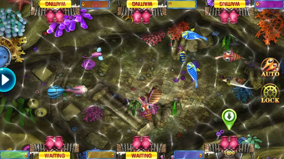 Fishing Star 10000 table seen from above, with striped fish over a sunken stone floor, six pink cannon seats marked WAITING and AUTO and LOCK buttons on the right