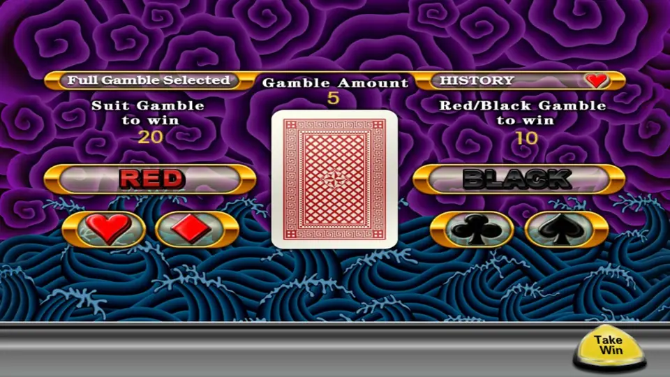 Five Dragon gamble screen with a face-down card, Red and Black buttons, heart, diamond, club and spade buttons, a gamble amount of 5 and a Take Win button