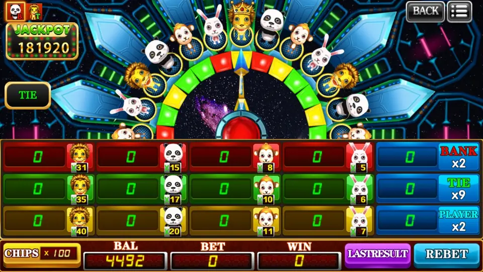 Forest Dance betting board with lion, panda, monkey and rabbit bets in red, green and yellow rows showing odds from 5 to 40, Bank x2, Tie x9 and Player x2 boxes, and a jackpot of 181920
