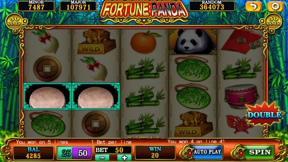 Fortune Panda reels with a panda, a gold seal WILD, bamboo, jade pendants, a drum and an orange, a DOUBLE badge and a win of 20 on a bet of 50