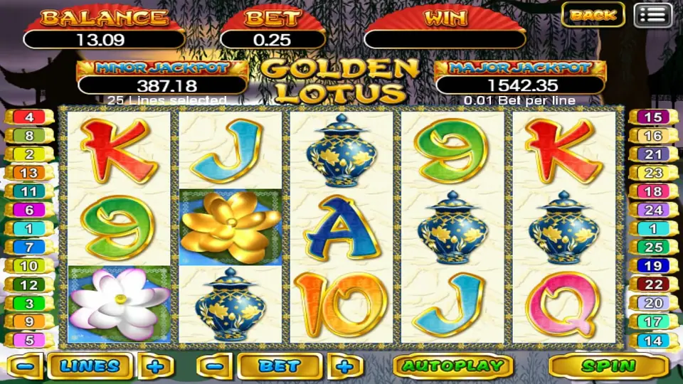 Golden Lotus slot with blue and white porcelain vases, a gold lotus, a white lotus and card symbols, 25 lines at 0.01 per line and MINOR and MAJOR jackpot boxes