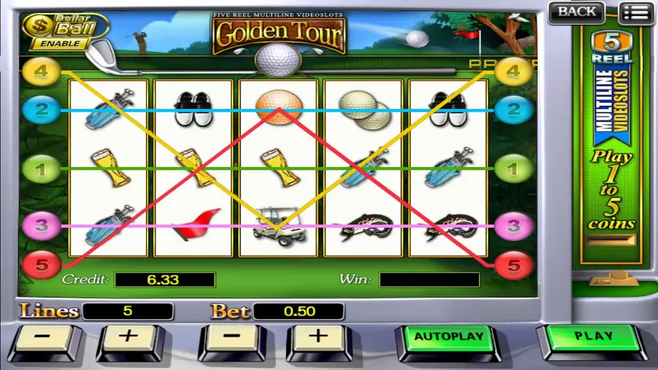 Golden Tour golf slot with five coloured paylines drawn over golf bags, shoes, beer glasses, golf balls, a cart and a flag, with Lines 5 and Bet 0.50