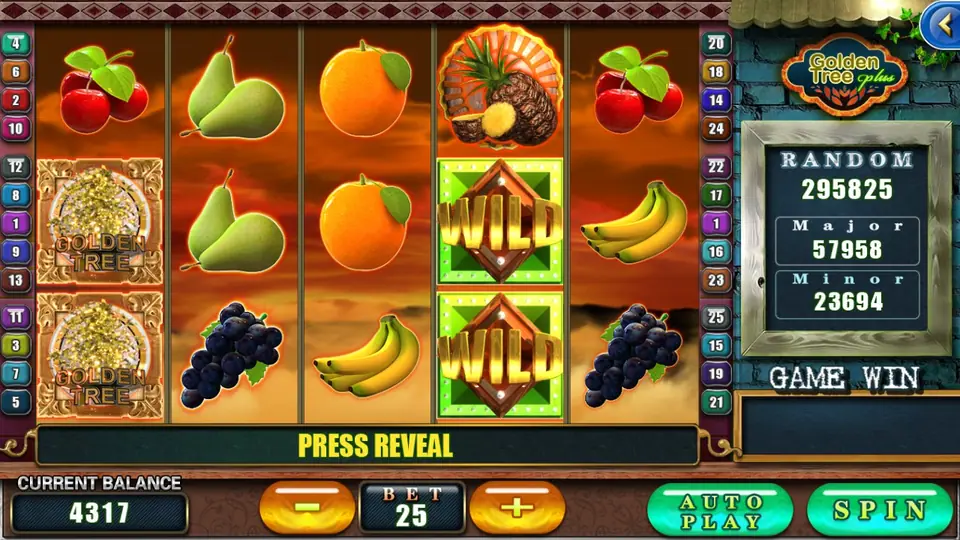 Golden Tree Plus reels with two Golden Tree tiles stacked on the first reel, two WILD tiles stacked on the fourth reel and a bar reading PRESS REVEAL