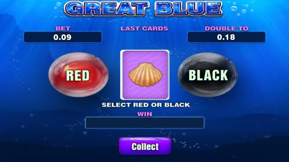 Great Blue gamble screen with a bet of 0.09, a double-to of 0.18, a face-down card with a shell pattern between RED and BLACK buttons, and a Collect button