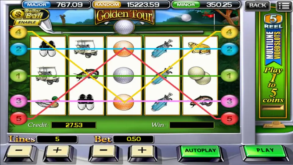 Golden Tour slot on ACE333 with five coloured paylines over golf balls, golf carts, golf shoes and club bags on white reels, set on a green course