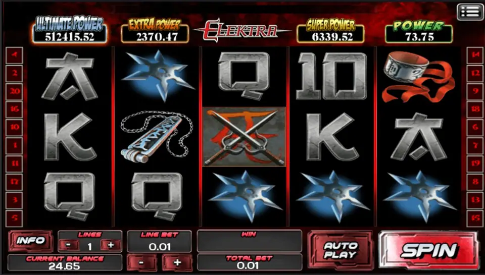Elektra slot on ACE333 with blue throwing stars, crossed sai, a chain weapon and a bracelet with a red ribbon among steel card letters, and Ultimate, Extra, Super and Power jackpot boxes