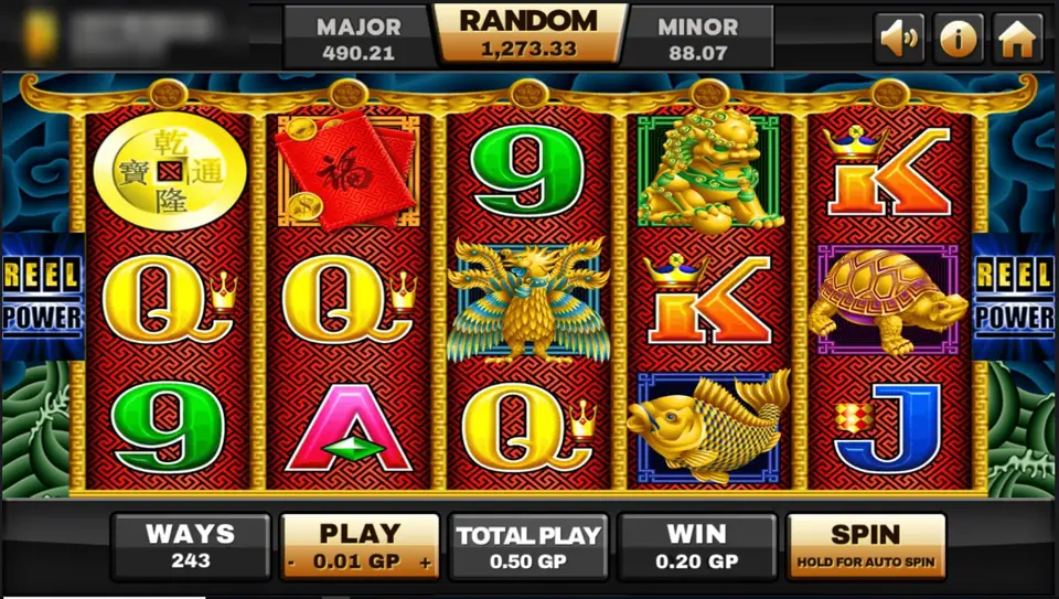 5 Dragons reels with a gold coin on reel one, a red envelope, turtles and a fu lion statue