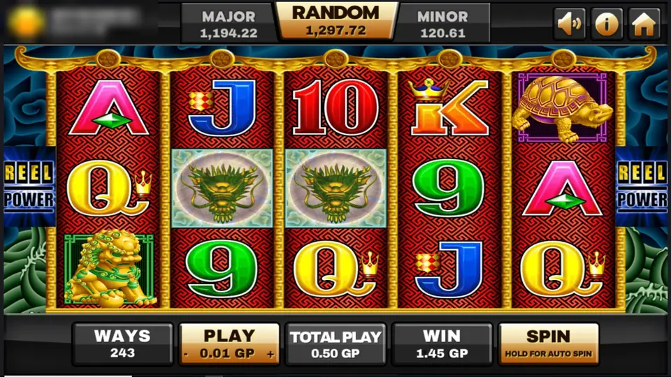 5 Dragons win with two green dragon-head wilds on reels two and three, 1.45 GP win
