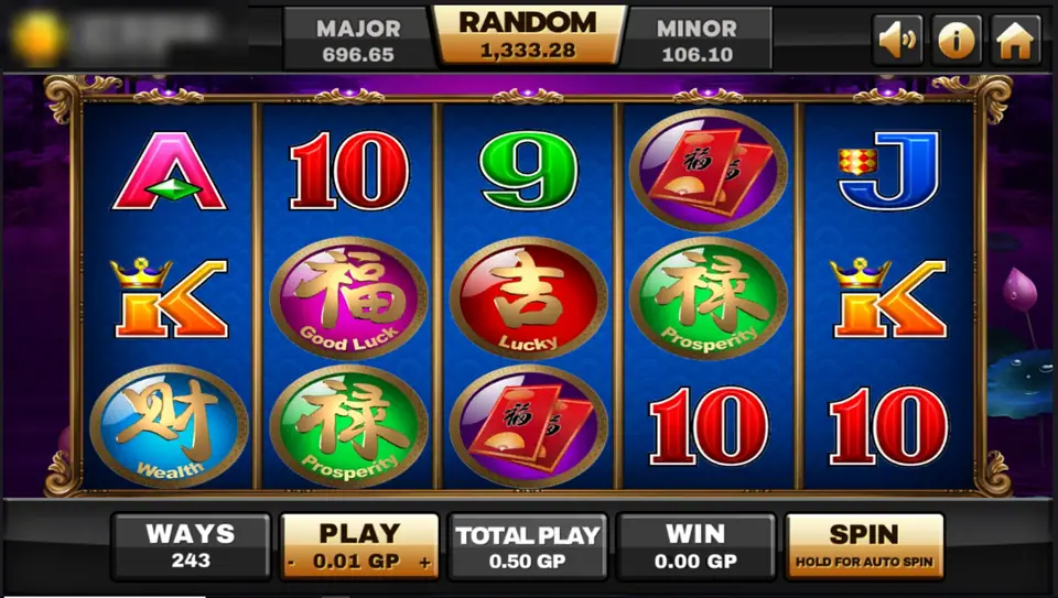 5 Koi Legends reels on Joker123 with round medallions for Prosperity, Good Luck and Wealth, red Lucky coins and card letters on blue reels