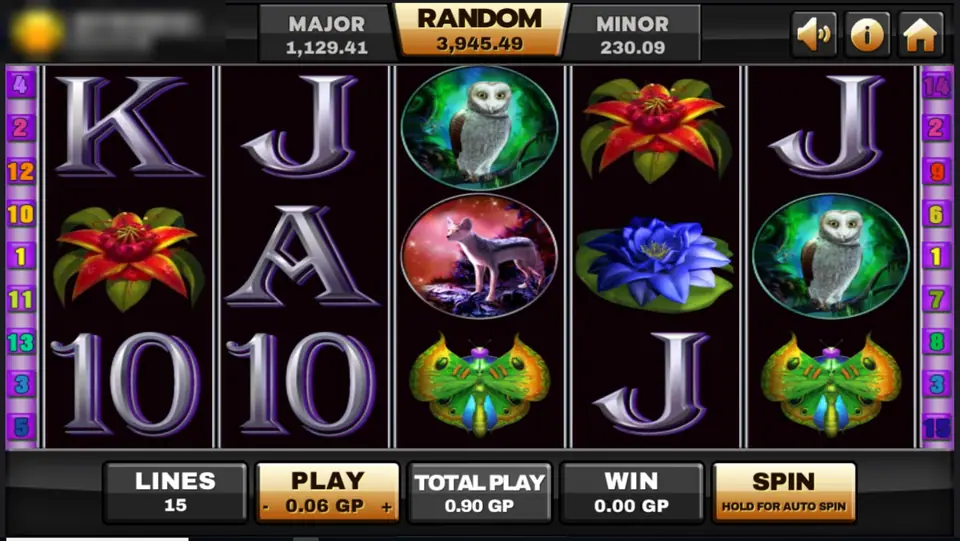 Panther Moon reels on Joker123 with owls, a howling wolf, red and blue flowers, a green moth and silver card letters, 15 numbered lines on each side