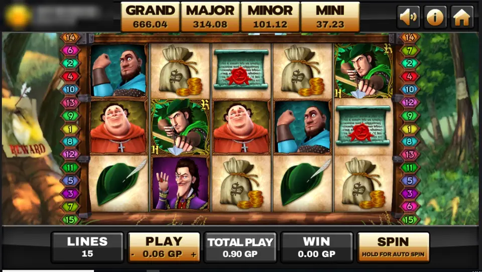 Robin Hood slot on Joker123 with an archer in green, a friar, a burly man in blue, a villain in purple, money bags, green hats and sealed scrolls on five reels