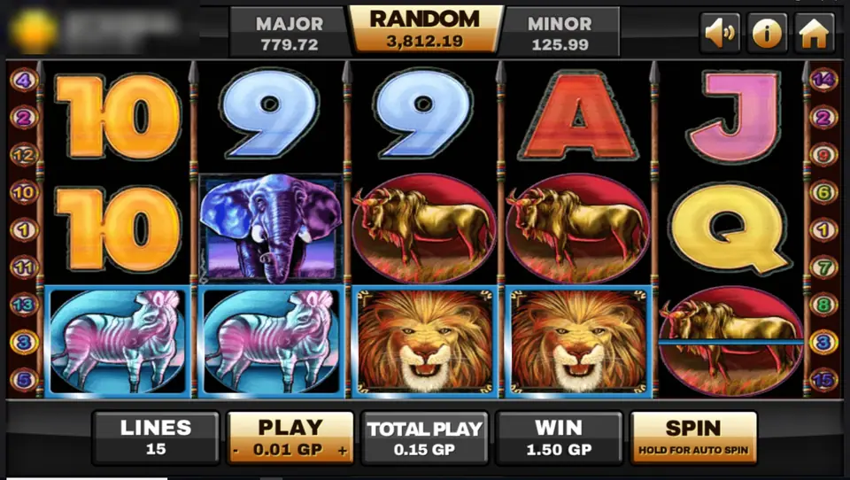 Safari Heat win across the bottom row with zebras, lions and a buffalo framed in blue, win 1.50 GP