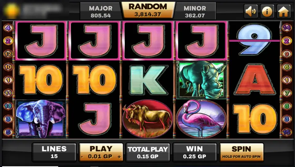 Four pink J symbols framed on the top row of Safari Heat for a 0.25 GP win