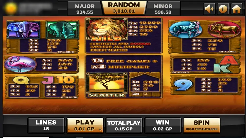 Safari Heat paytable: lion wild pays up to 10000 and doubles wins, acacia tree at sunset is the scatter, 15 free games plus x3 multiplier