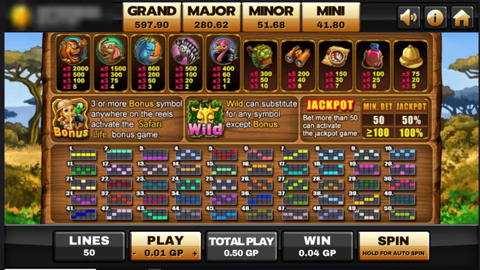 Safari Life paytable with ten symbol payouts, the Bonus and Wild rules, a jackpot table and a chart of all 50 lines