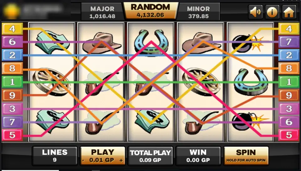 Silver Bullet reels on Joker123 with all nine paylines drawn in different colours over banknotes, hats, horseshoes, wagon wheels, pipes and bombs