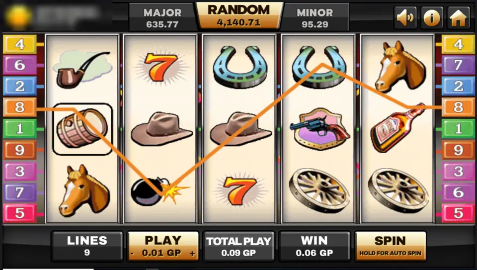 Silver Bullet win line starting at a boxed barrel, dipping to a bomb and rising to a horseshoe, with the revolver scatter on reel four, 0.06 GP win